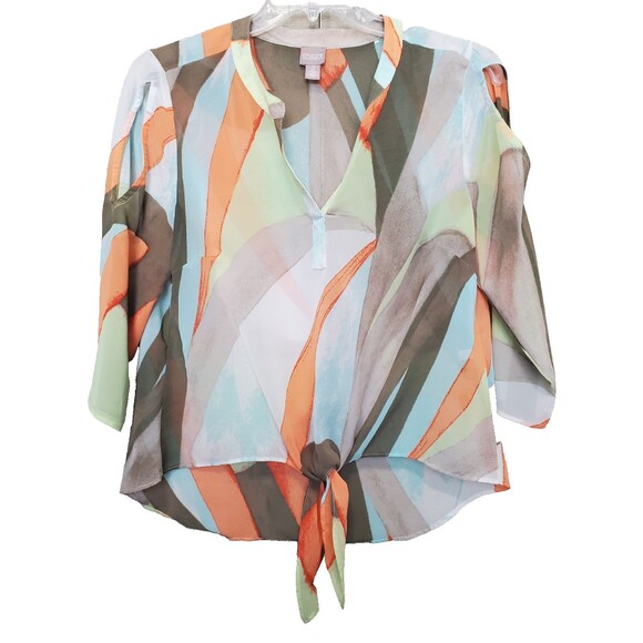 Chico's Sheer Chiffon Geo Print Slit-Sleeve Split-Neck Tie-Waist Blouse 2 Large - Picture 1 of 4